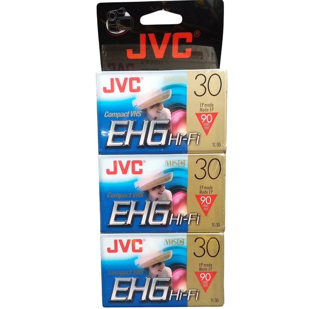 JVC EHG Hi-Fi VHS Tapes Compact 30 EP Mode 90 min TC-30 New Sealed 3-Pack NOS‎